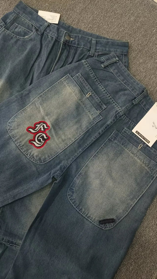 Vintage bordado masculino e feminino baggy jeans feminino rua harajuku lavado angustiado cintura alta jeans perna larga y2k calças