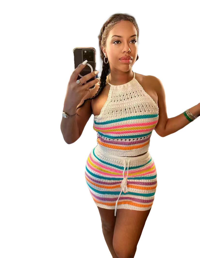 Sweater Fashion Print Backless Halter Bodycon Dress Set