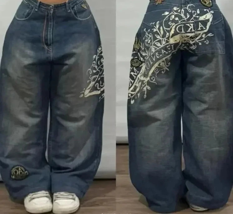 Americano retro cleanfit moda impressão baggy jeans feminino y2k popular casual coringa gótico cintura alta calças de perna larga street wear