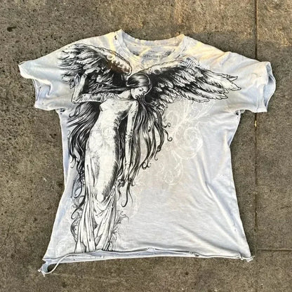 Camiseta gráfica de aflição dos anos 2000 masculina grandes asas grunge novo estilo de moda casal tops camisa de algodão puro