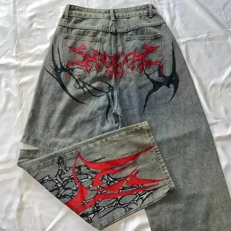 2024 nova tendência americana retro hip-hop bordado padrão jeans baggy para homens e mulheres y2k harajuku gótico calças largas streetwear