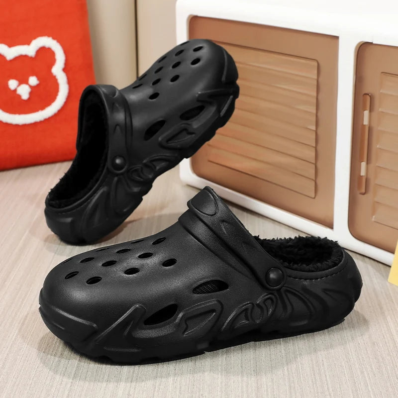 Tamancos quentes de inverno masculinos, chinelos de jardim à prova d'água, tamancos de pele, chinelos de pelúcia felpudos, sapato de quarto para ambientes internos e externos