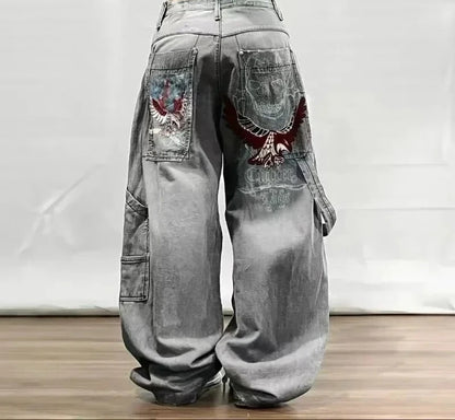 Americano retro cleanfit moda impressão baggy jeans feminino y2k popular casual coringa gótico cintura alta calças de perna larga street wear