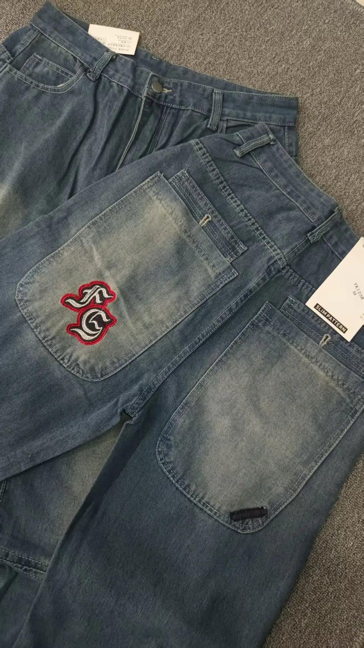 Vintage bordado masculino e feminino baggy jeans feminino rua harajuku lavado angustiado cintura alta jeans perna larga y2k calças