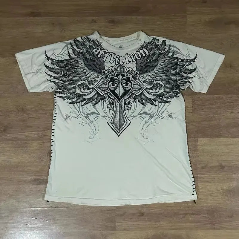 Camiseta gráfica de aflição dos anos 2000 masculina grandes asas grunge novo estilo de moda casal tops camisa de algodão puro