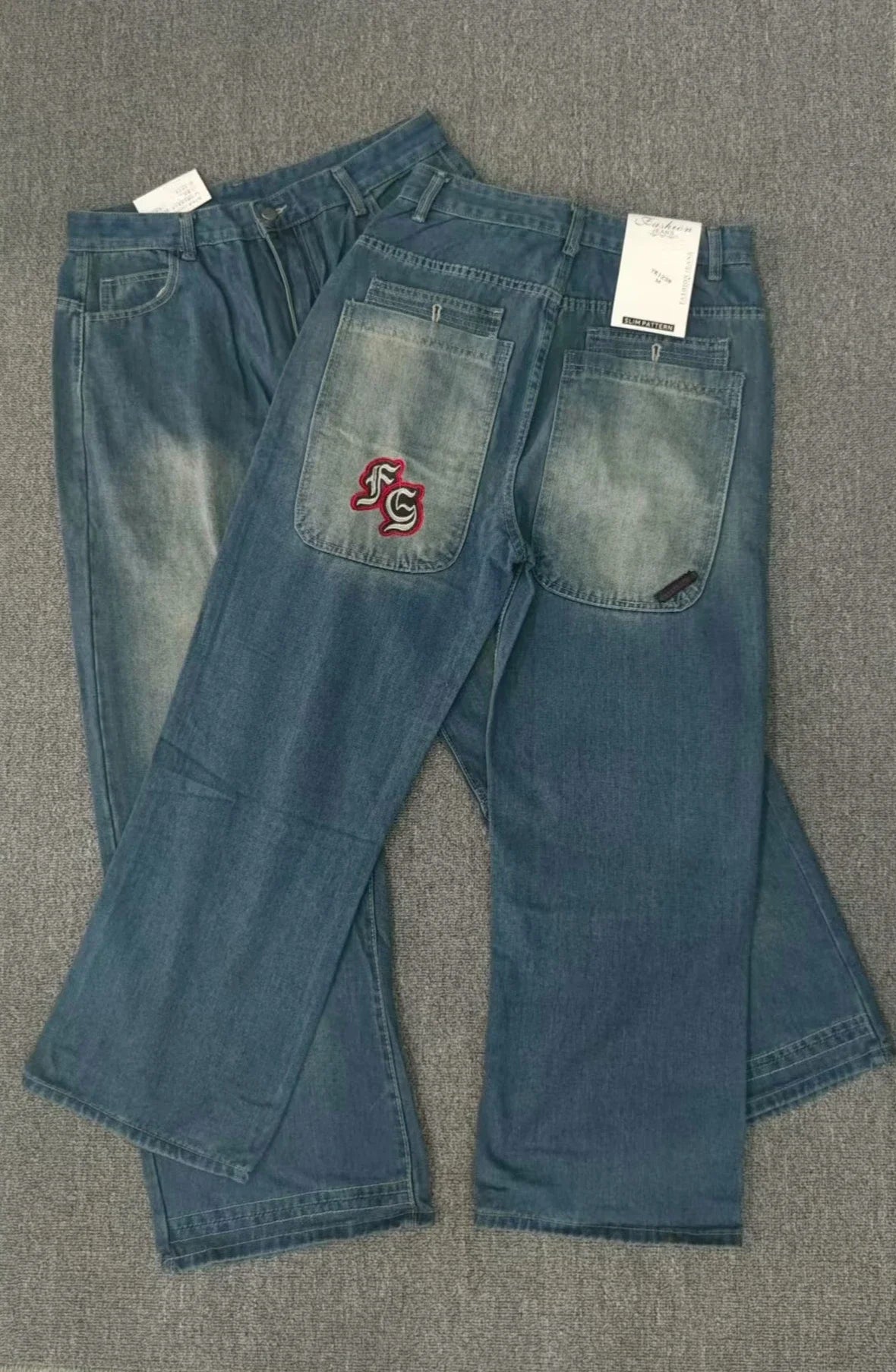 Vintage bordado masculino e feminino baggy jeans feminino rua harajuku lavado angustiado cintura alta jeans perna larga y2k calças