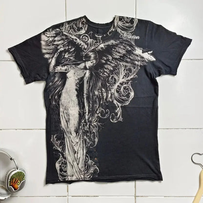 Camiseta gráfica de aflição dos anos 2000 masculina grandes asas grunge novo estilo de moda casal tops camisa de algodão puro
