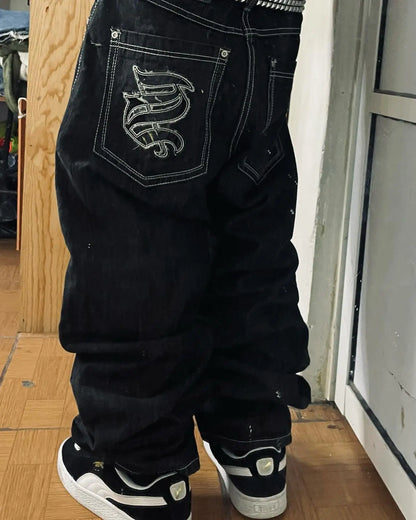 2024 nova tendência americana retro hip-hop bordado padrão jeans baggy para homens e mulheres y2k harajuku gótico calças largas streetwear