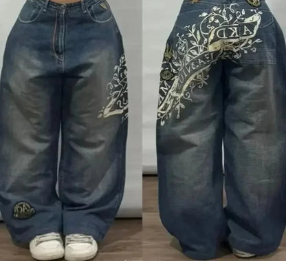 Americano retro cleanfit moda impressão baggy jeans feminino y2k popular casual coringa gótico cintura alta calças de perna larga street wear