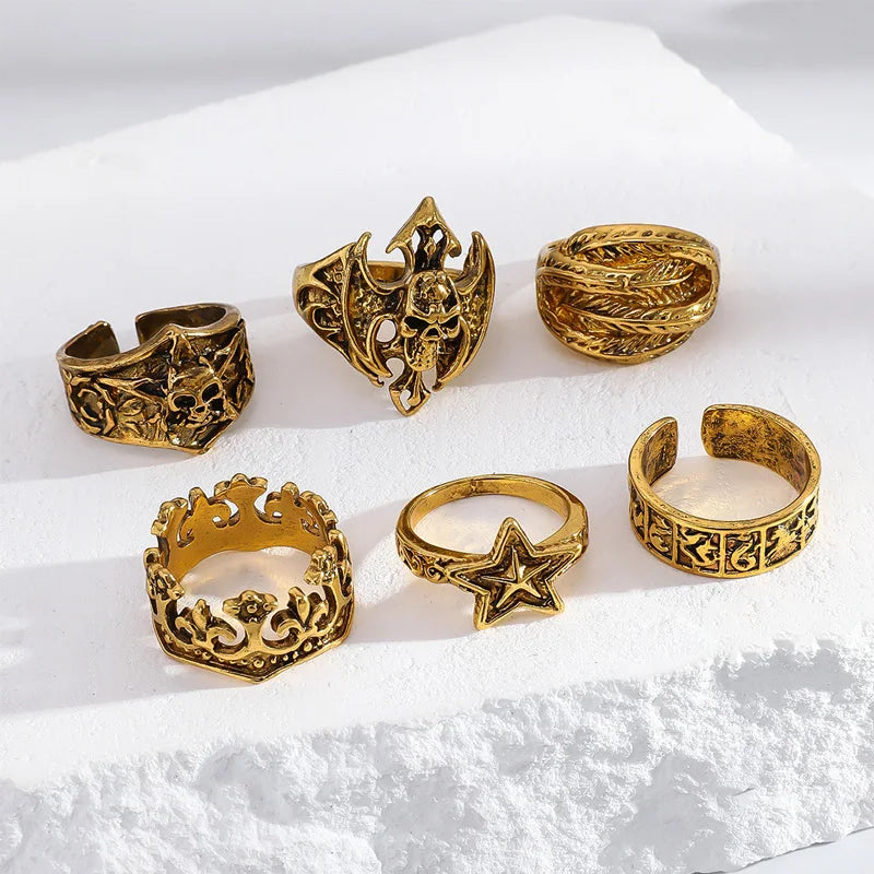 6 pçs/set jóias de halloween gótico metal crânio cabeça cinco pontos estrela anel ajustável para homens punk prata cor anéis festa presente