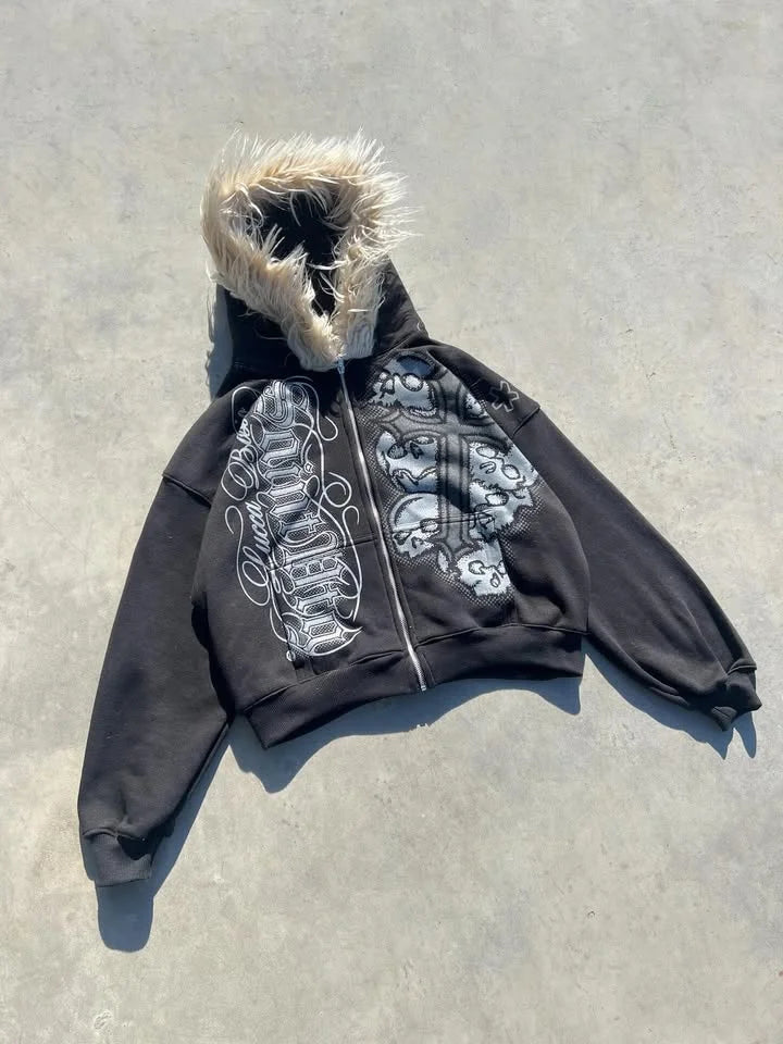 Y2k sudpole fiapos moletom gótico vintage padrão oversized com capuz zipup moletom tendência das mulheres dos homens moda casual streetwear