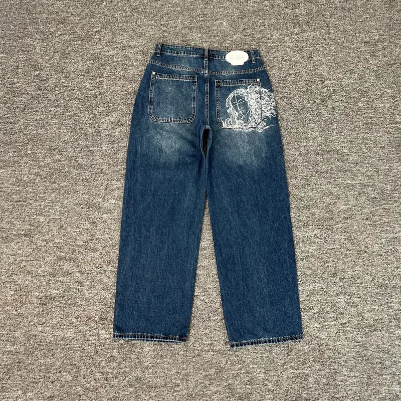 2024 nova tendência americana retro hip-hop bordado padrão jeans baggy para homens e mulheres y2k harajuku gótico calças largas streetwear