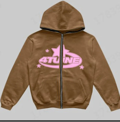 Estrela carta impressão hoodie masculino retro zip up manga longa solto jaqueta casacos harajuku casual gótico moletom com capuz y2k streetwear