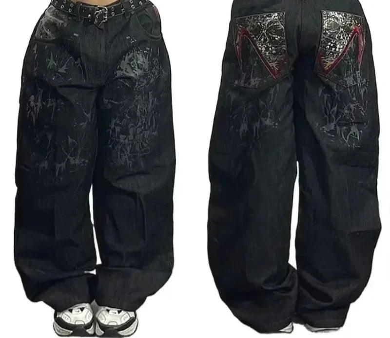 Americano retro cleanfit moda impressão baggy jeans feminino y2k popular casual coringa gótico cintura alta calças de perna larga street wear