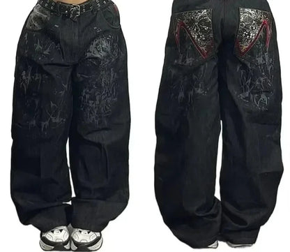 Americano retro cleanfit moda impressão baggy jeans feminino y2k popular casual coringa gótico cintura alta calças de perna larga street wear