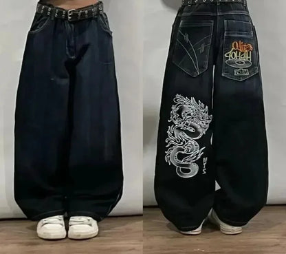Americano retro cleanfit moda impressão baggy jeans feminino y2k popular casual coringa gótico cintura alta calças de perna larga street wear