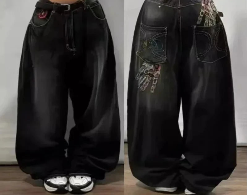 Americano retro cleanfit moda impressão baggy jeans feminino y2k popular casual coringa gótico cintura alta calças de perna larga street wear