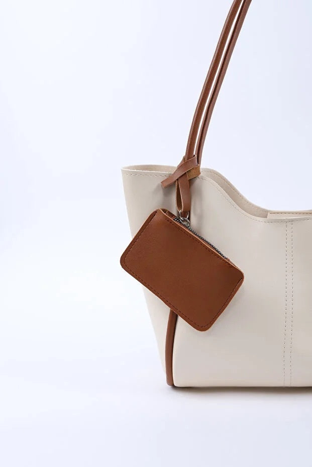 Cream Tan SHK108 Faux Leather Women Hand And Shoulder Bag With Wallet And Makeup Bag