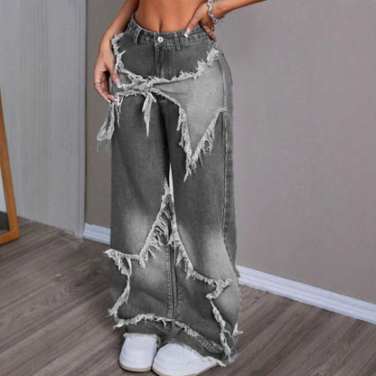 Retro Star Patchwork Heavy Wash Women's Jeans